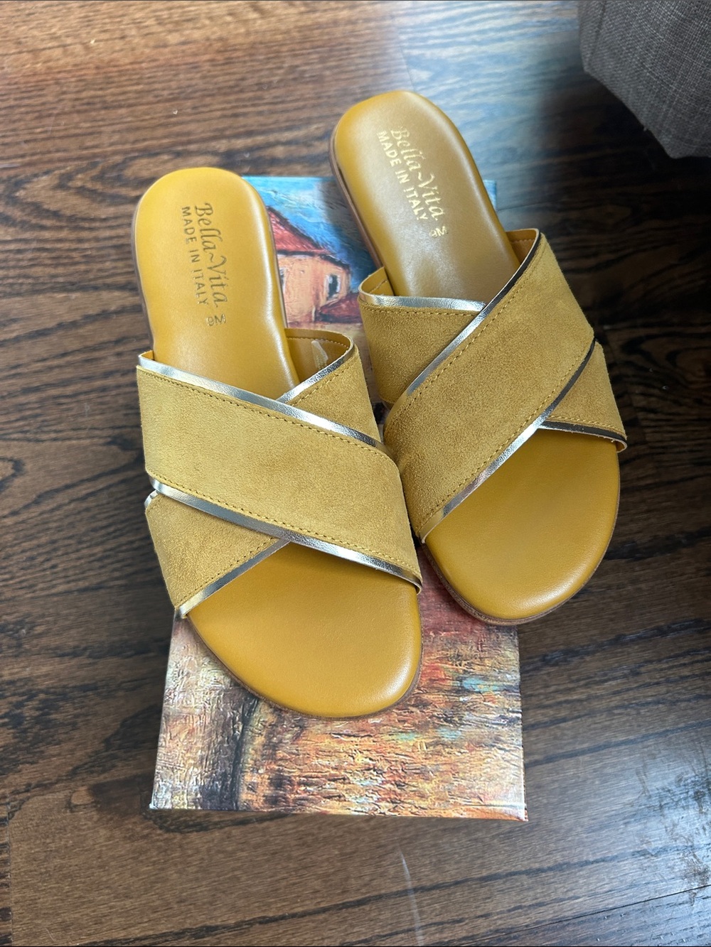 Bella Vita Mustard Suede Crisscross Slide Sandals with Metallic Trim